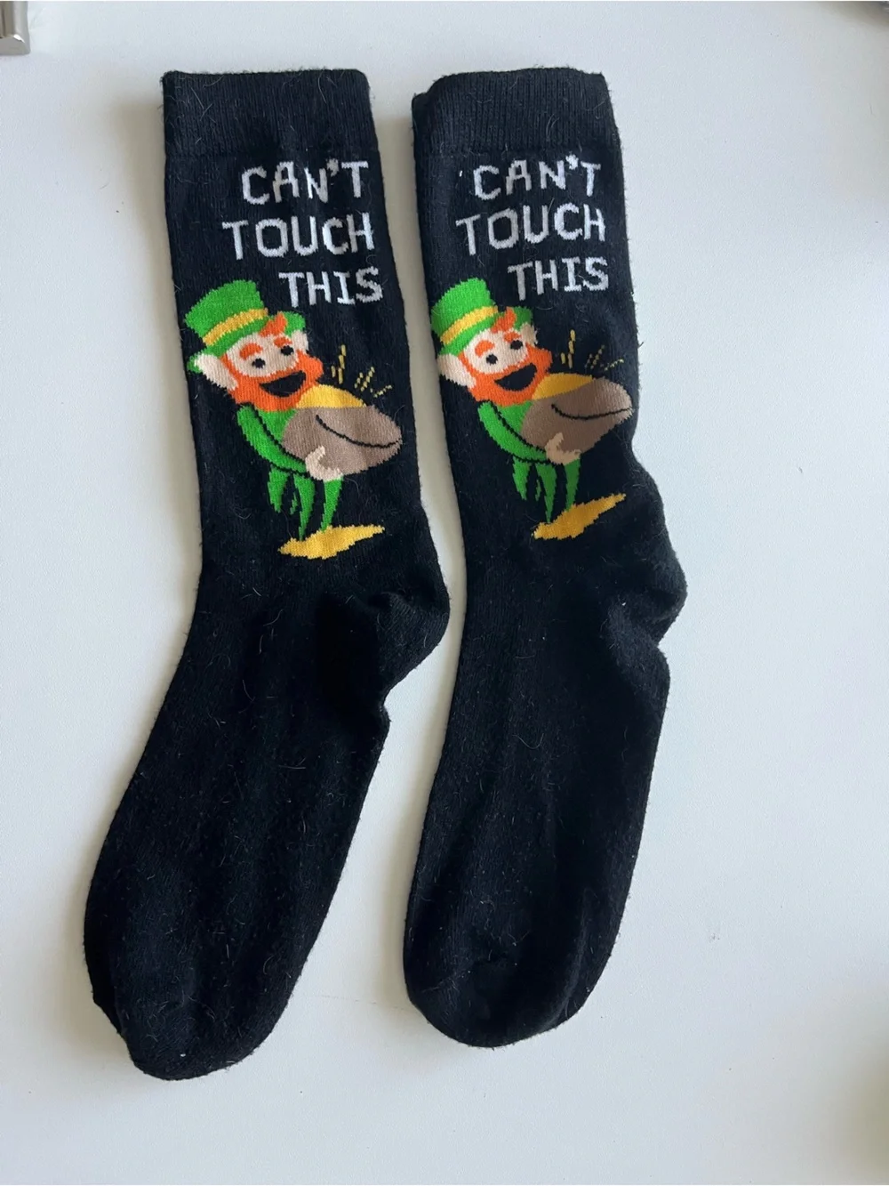 Black Novelty Socks with Colorful Leprechaun Design
